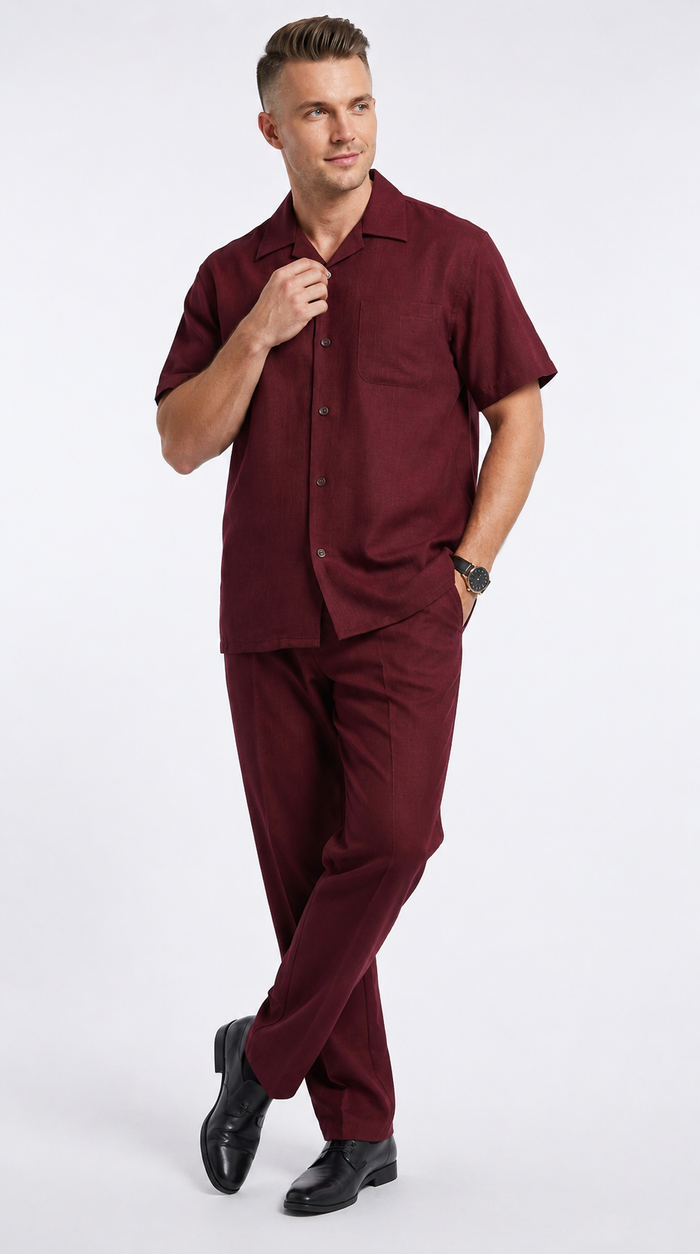 Men’s Burgundy 100% Linen Walking Suit, Short Sleeve Shirt and Matching Pants Casual 2 Piece Set