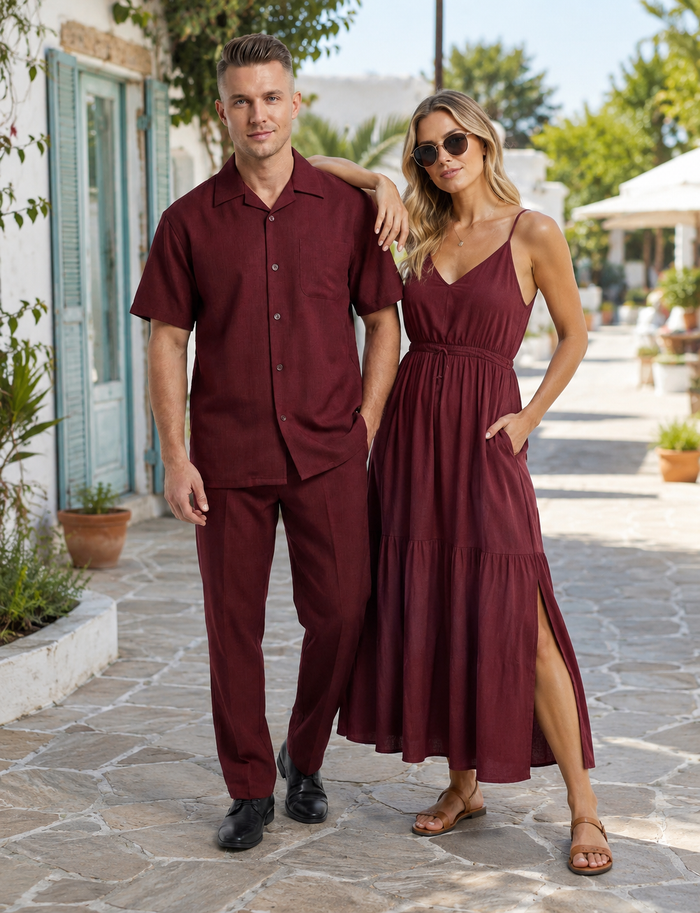 Men’s Burgundy 100% Linen Walking Suit, Short Sleeve Shirt and Matching Pants Casual 2 Piece Set