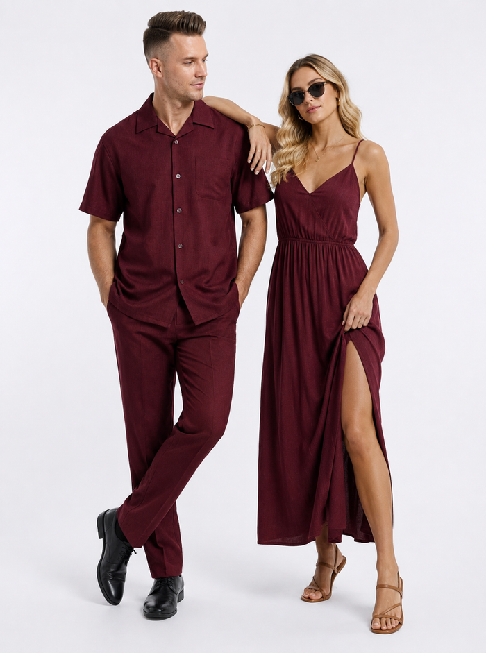 Men’s Burgundy 100% Linen Walking Suit, Short Sleeve Shirt and Matching Pants Casual 2 Piece Set