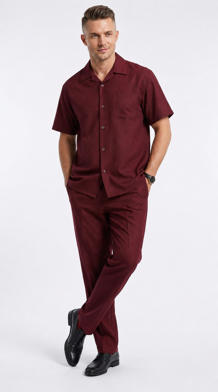 Men’s Burgundy 100% Linen Walking Suit, Short Sleeve Shirt and Matching Pants Casual 2 Piece Set