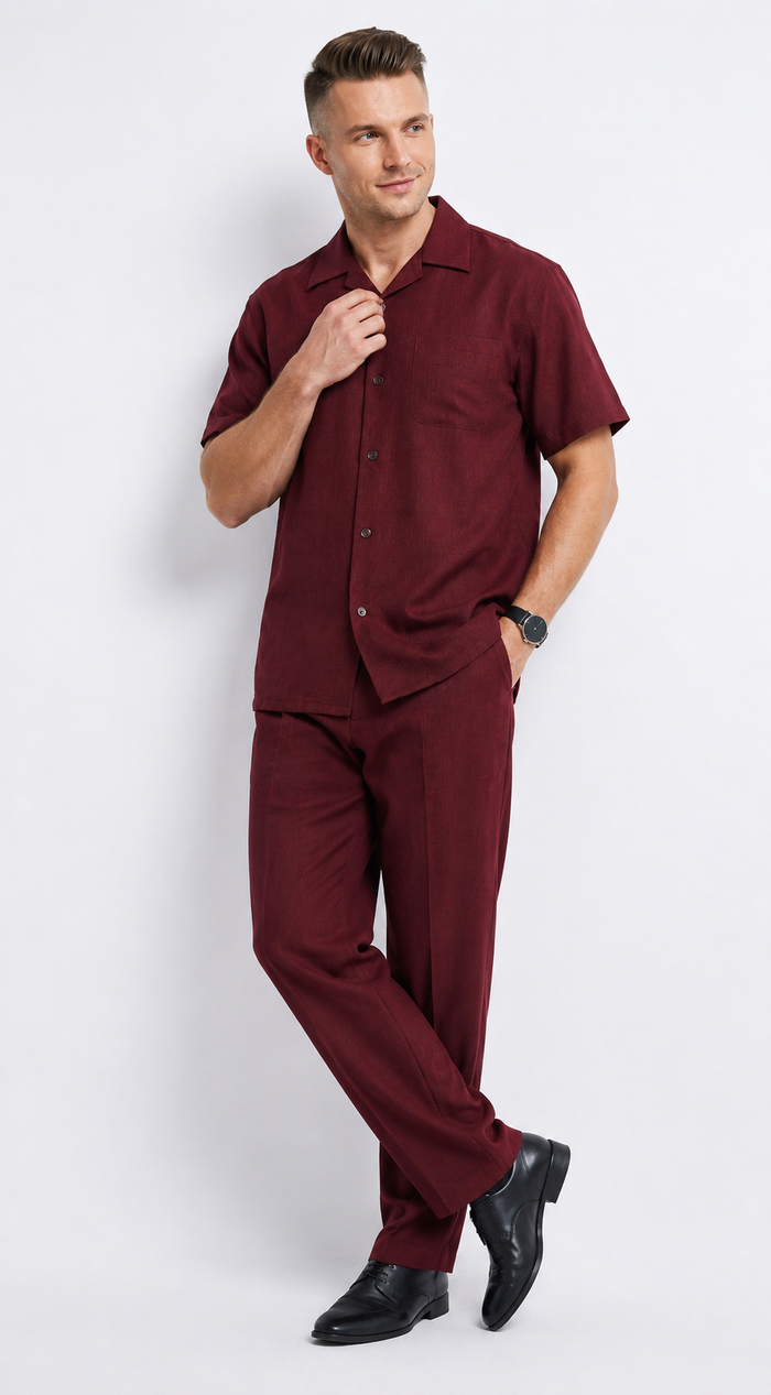 Men’s Burgundy 100% Linen Walking Suit, Short Sleeve Shirt and Matching Pants Casual 2 Piece Set