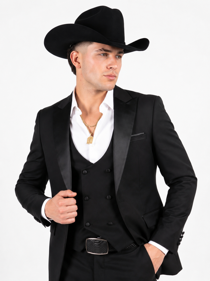 Men’s Black Western Tuxedo Suit with Satin Shawl Lapel and Double Breasted Vest