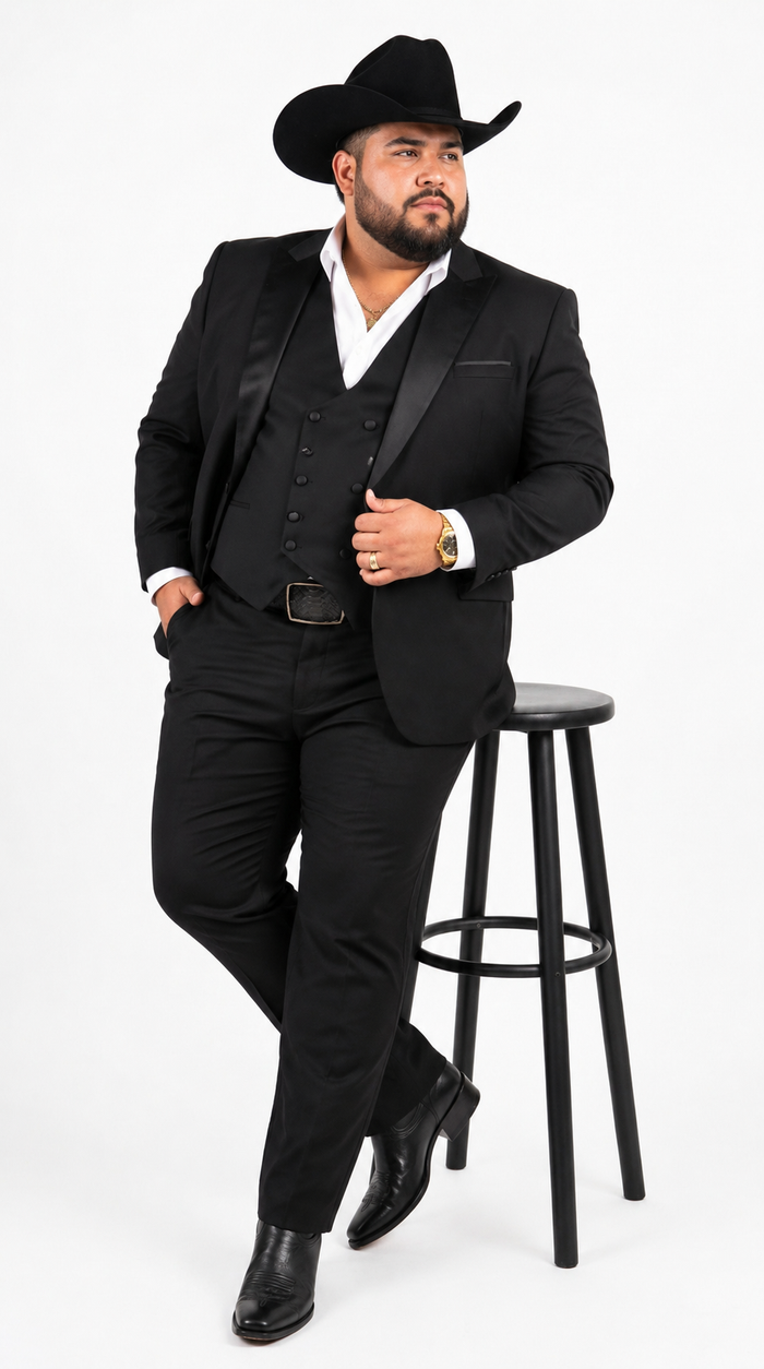 Men’s Black Western Tuxedo Suit with Satin Shawl Lapel and Double Breasted Vest