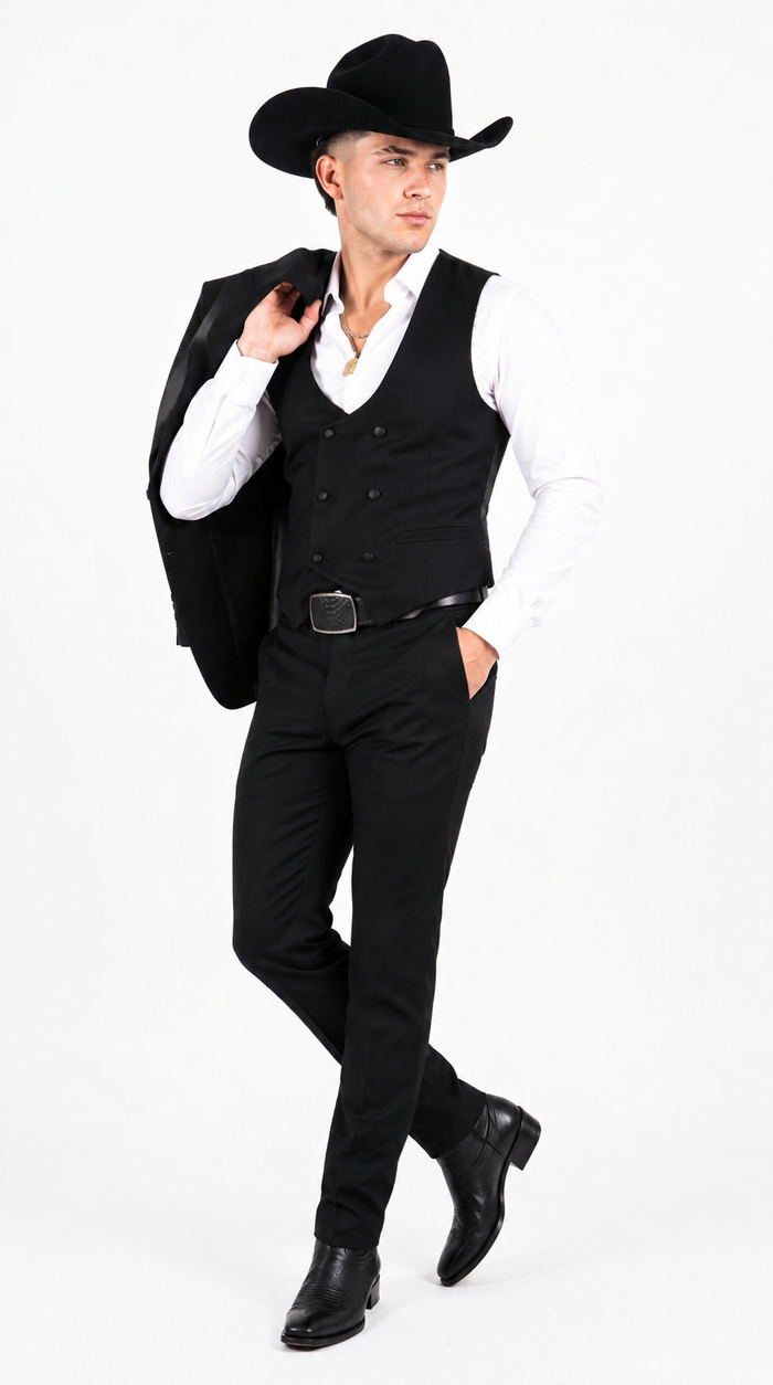 Men’s Black Western Tuxedo Suit with Satin Shawl Lapel and Double Breasted Vest