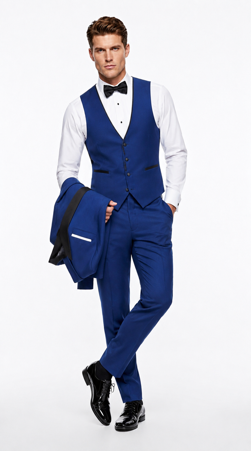 Men’s Cobalt Blue Wedding Tuxedo Set with Black Satin Shawl Lapel and Matching Vest