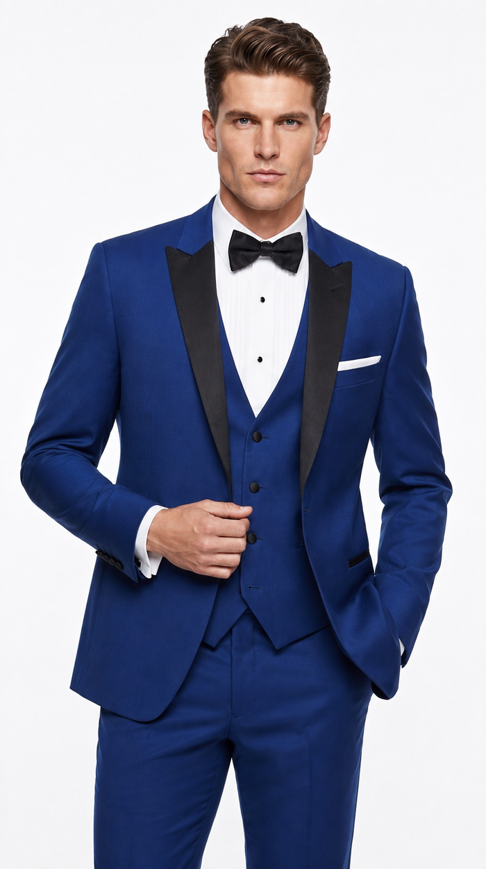 Men’s Cobalt Blue Wedding Tuxedo Set with Black Satin Shawl Lapel and Matching Vest