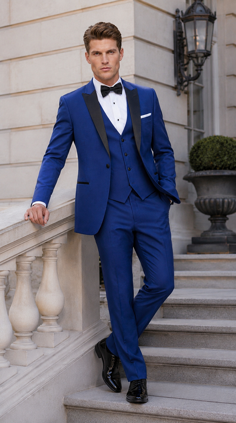 Men’s Cobalt Blue Wedding Tuxedo Set with Black Satin Shawl Lapel and Matching Vest