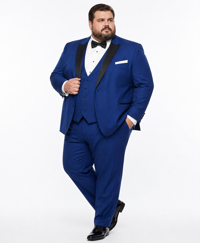 Men’s Cobalt Blue Wedding Tuxedo Set with Black Satin Shawl Lapel and Matching Vest
