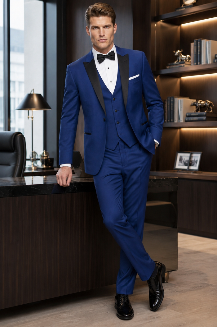 Men’s Cobalt Blue Wedding Tuxedo Set with Black Satin Shawl Lapel and Matching Vest