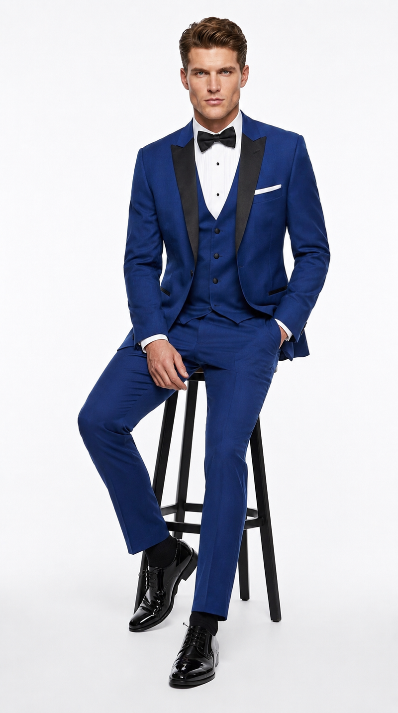Men’s Cobalt Blue Wedding Tuxedo Set with Black Satin Shawl Lapel and Matching Vest