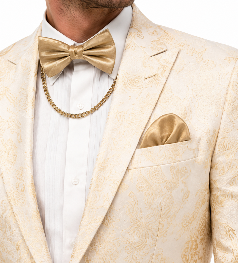 Men’s White and Gold Paisley Prom Tuxedo Set for Wedding and Formal Events
