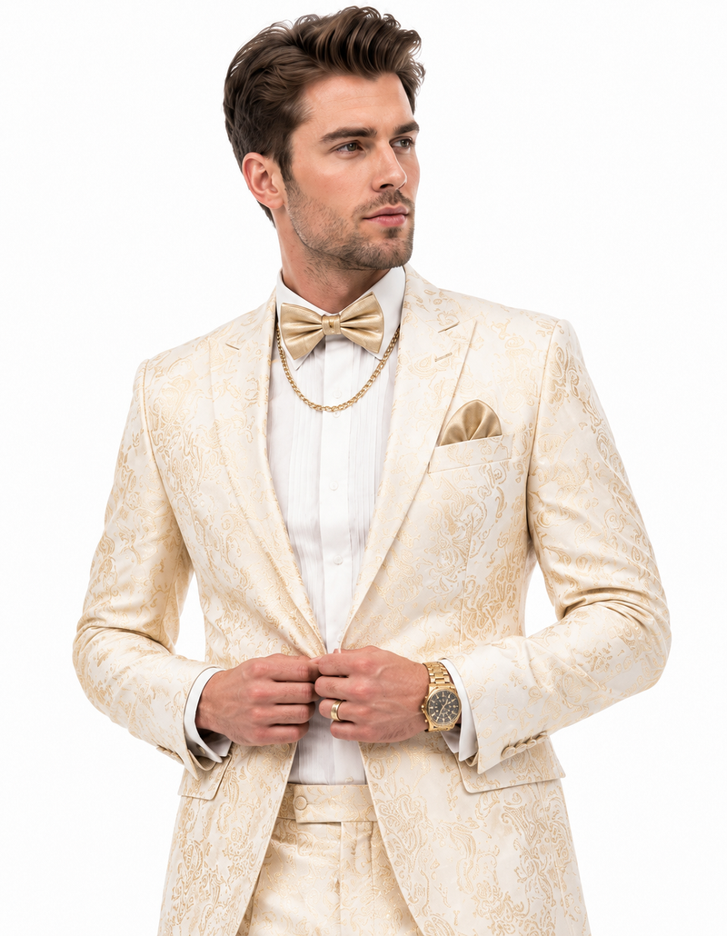 Men’s White and Gold Paisley Prom Tuxedo Set for Wedding and Formal Events