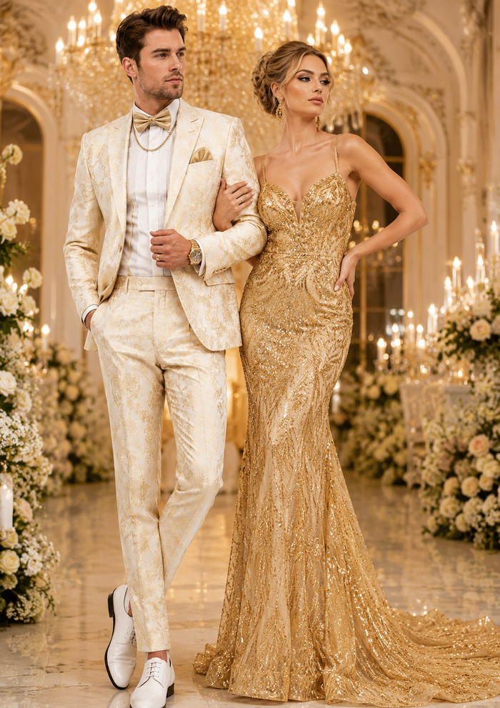 Men’s White and Gold Paisley Prom Tuxedo Set for Wedding and Formal Events