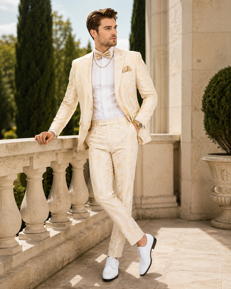 Men’s White and Gold Paisley Prom Tuxedo Set for Wedding and Formal Events