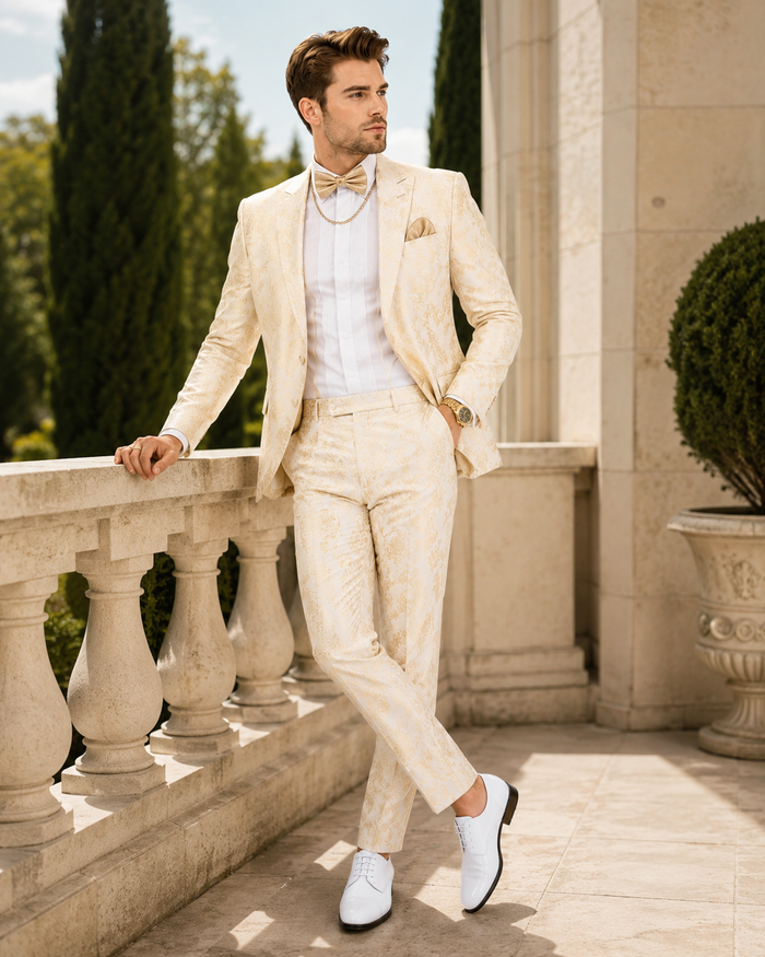 Men’s White and Gold Paisley Prom Tuxedo Set for Wedding and Formal Events