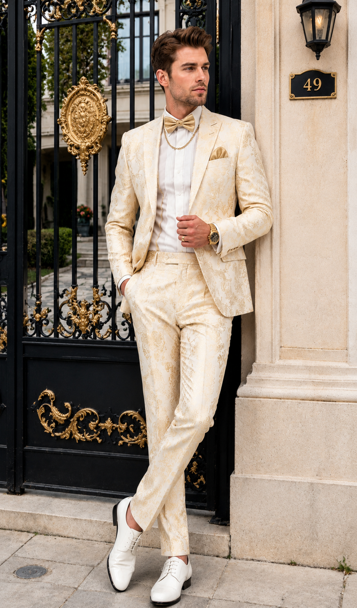 Men’s White and Gold Paisley Prom Tuxedo Set for Wedding and Formal Events