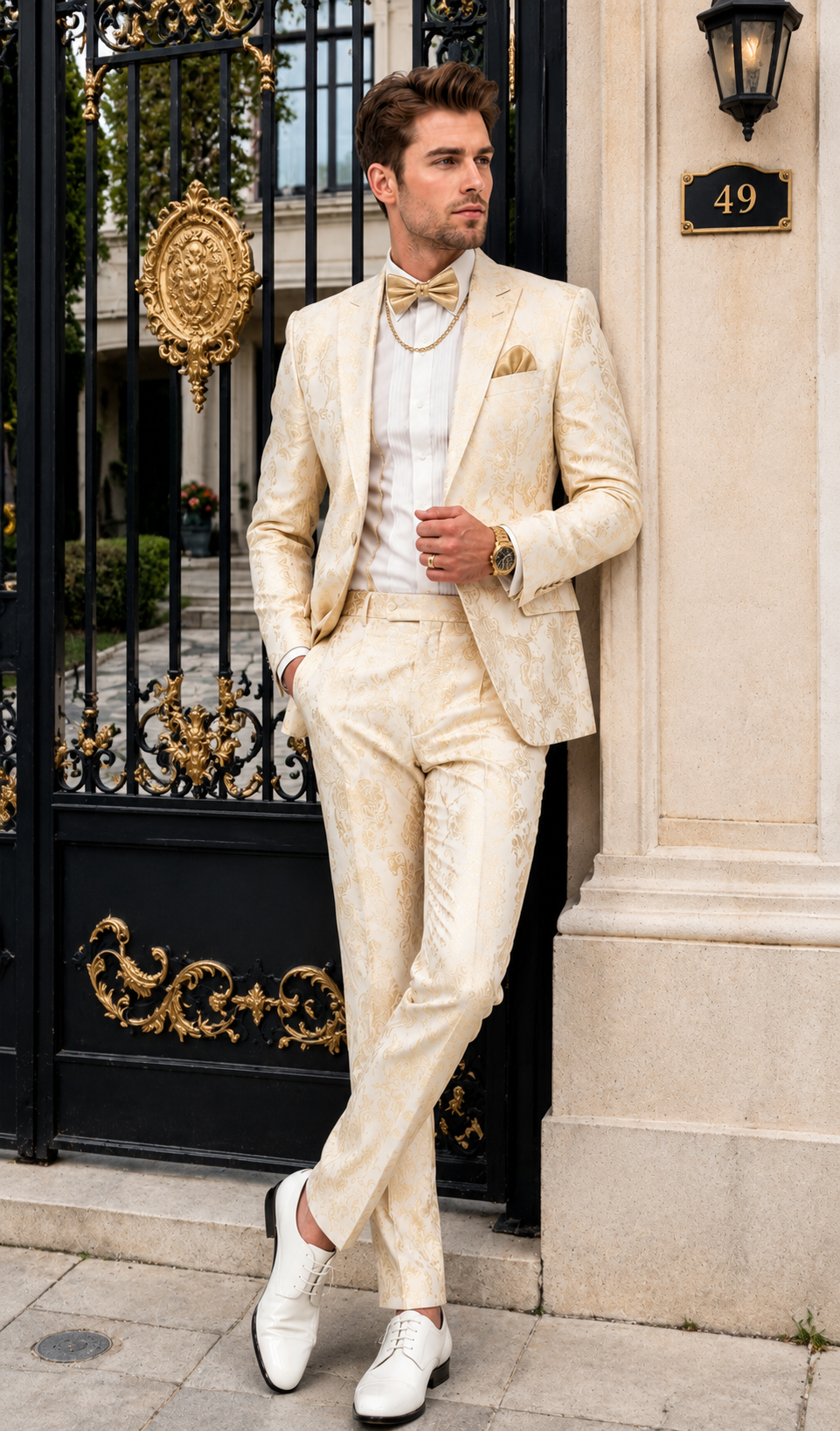 Men’s White and Gold Paisley Prom Tuxedo Set for Wedding and Formal Events