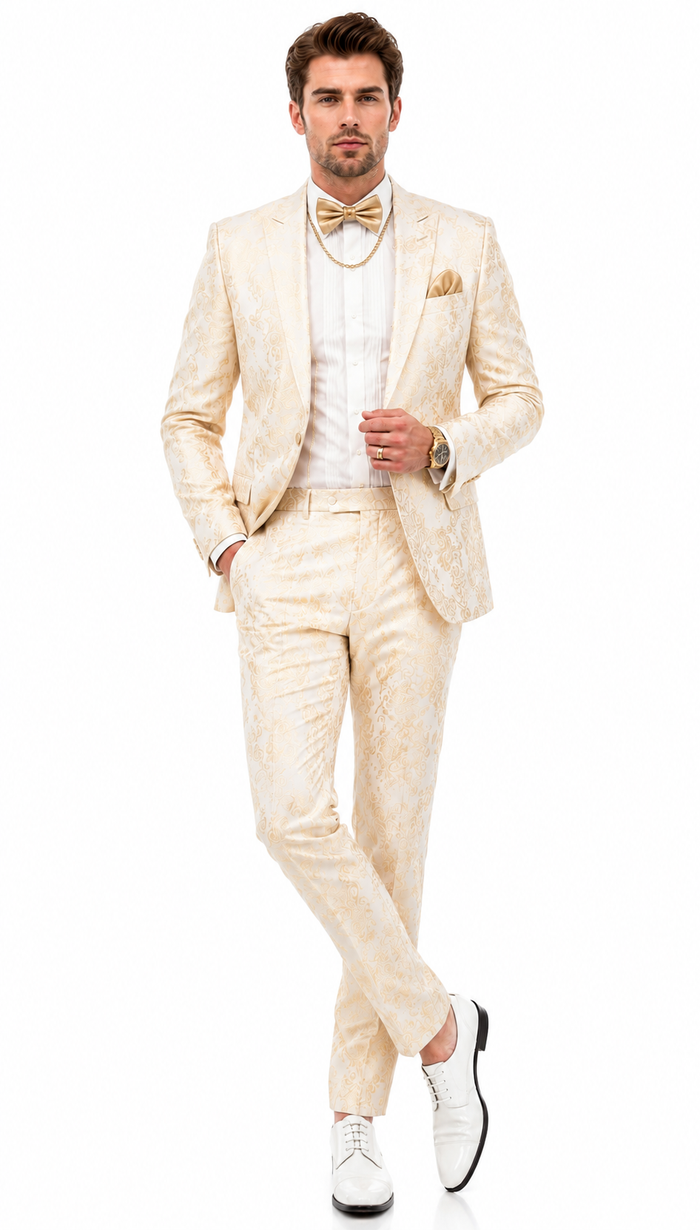 Men’s White and Gold Paisley Prom Tuxedo Set for Wedding and Formal Events