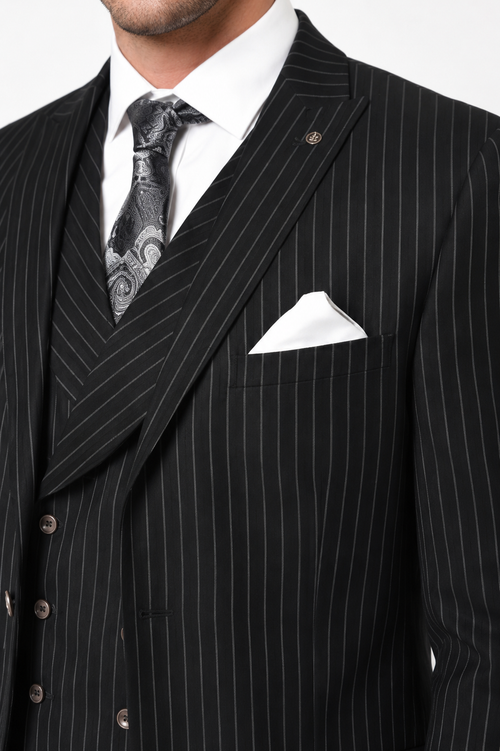 Men’s Black Gangster Pinstripe Suit with Double Breasted Vest, 2 Button Formal 1920s Dress Suit