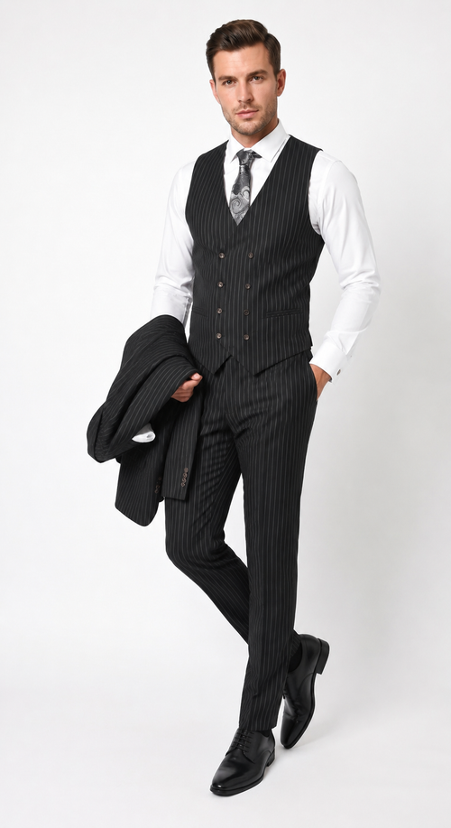 Men’s Black Gangster Pinstripe Suit with Double Breasted Vest, 2 Button Formal 1920s Dress Suit