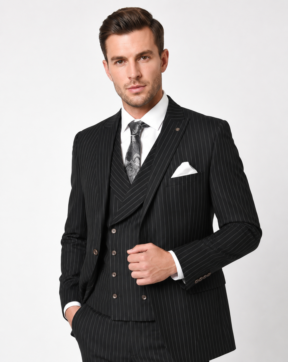Men’s Black Gangster Pinstripe Suit with Double Breasted Vest, 2 Button Formal 1920s Dress Suit