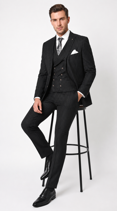 Men’s Black Gangster Pinstripe Suit with Double Breasted Vest, 2 Button Formal 1920s Dress Suit