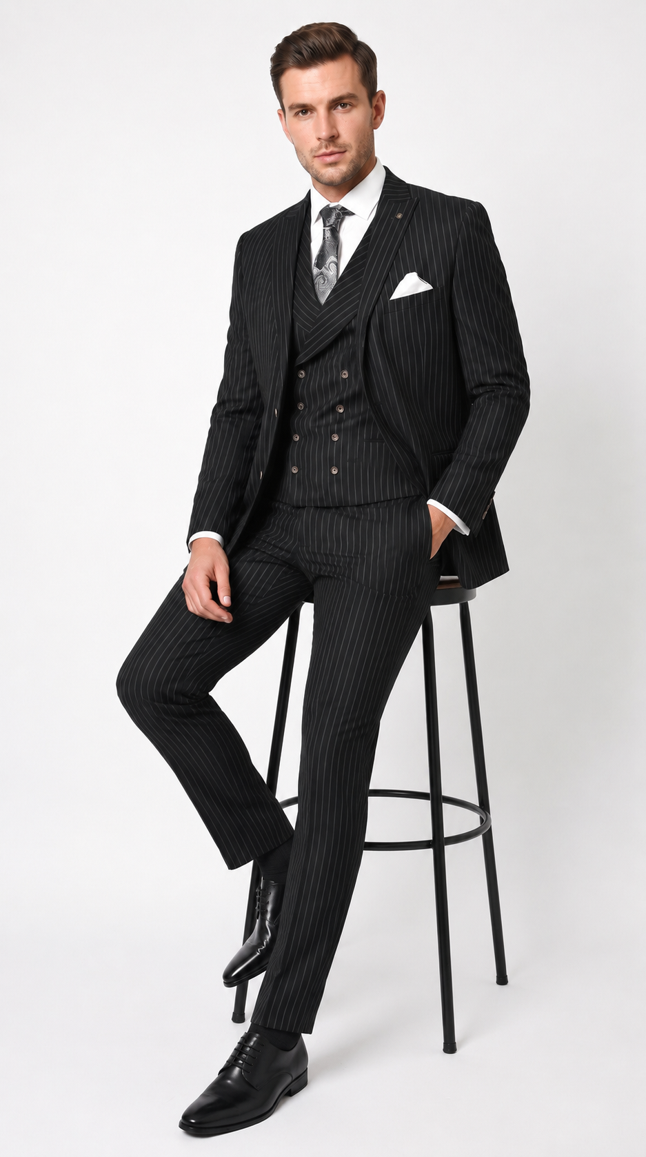 Men’s Black Gangster Pinstripe Suit with Double Breasted Vest, 2 Button Formal 1920s Dress Suit