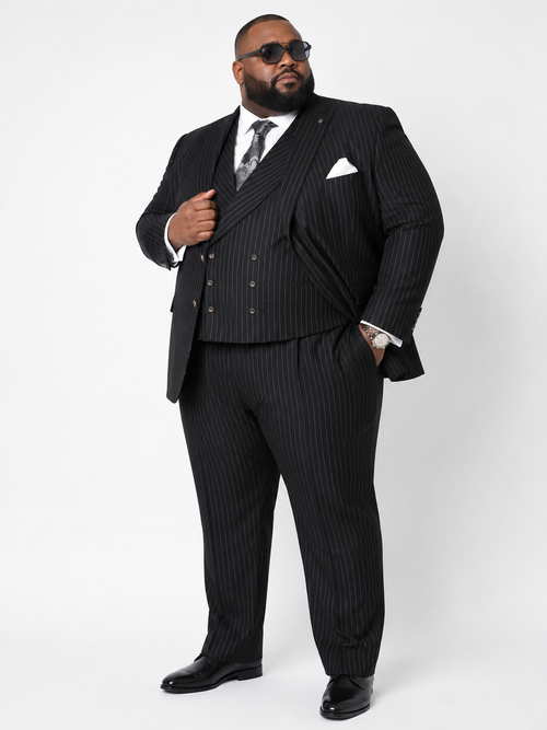 Men’s Black Gangster Pinstripe Suit with Double Breasted Vest, 2 Button Formal 1920s Dress Suit