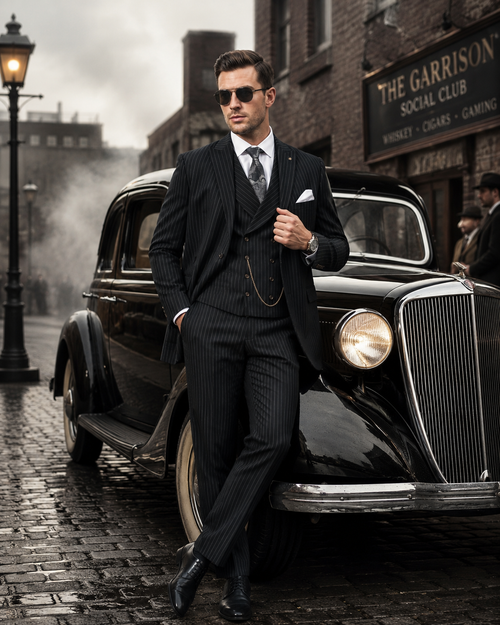 Men’s Black Gangster Pinstripe Suit with Double Breasted Vest, 2 Button Formal 1920s Dress Suit