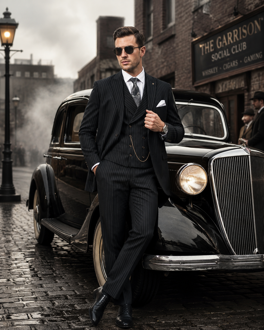Men’s Black Gangster Pinstripe Suit with Double Breasted Vest, 2 Button Formal 1920s Dress Suit