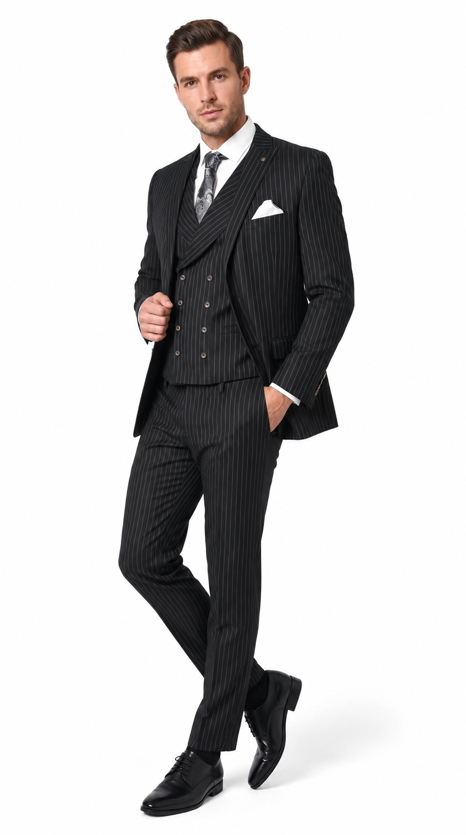 Men’s Black Gangster Pinstripe Suit with Double Breasted Vest, 2 Button Formal 1920s Dress Suit