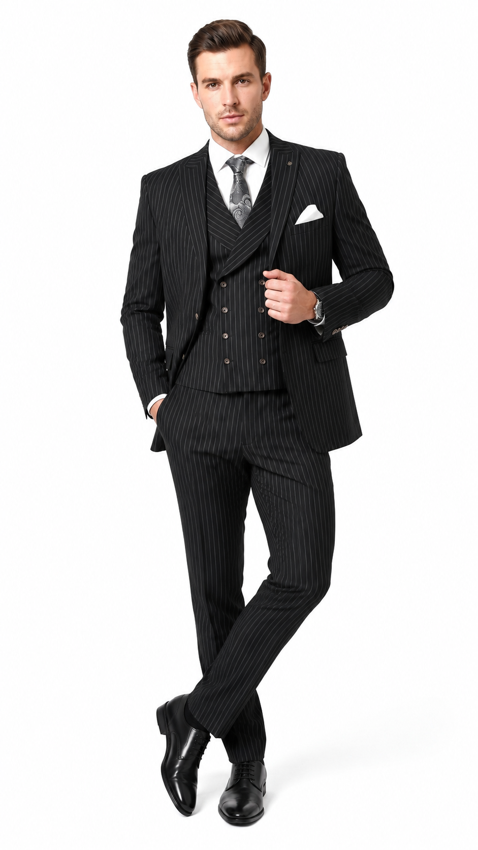 Men’s Black Gangster Pinstripe Suit with Double Breasted Vest, 2 Button Formal 1920s Dress Suit