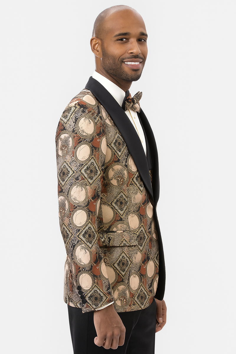 Men's Rust Geometric Pattern Tuxedo with Vest & Bowtie â€“ One Button Formal Suit