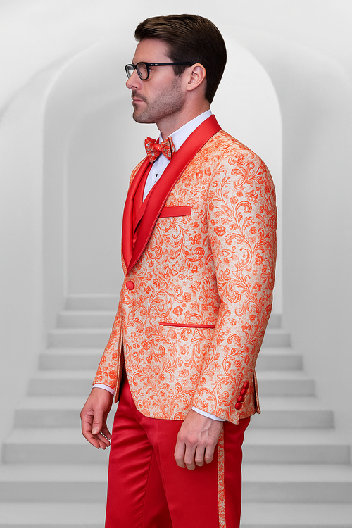 Coral orange men's shiny paisley tuxedo. Orange paisley jacket with red shawl collar/lapels, matching bow tie & pants. Slim fit, single pocket. Glossy fabric for a striking look.
