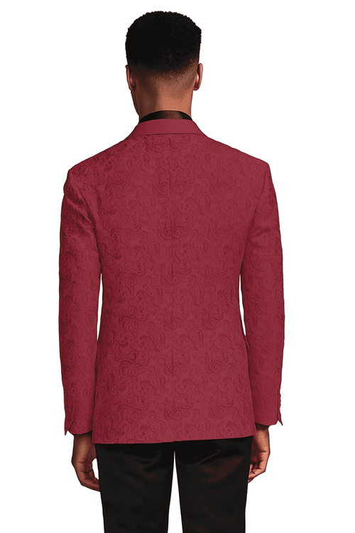 Burgundy paisley slim fit tuxedo jacket – men's wedding & prom blazer with satin shawl lapel