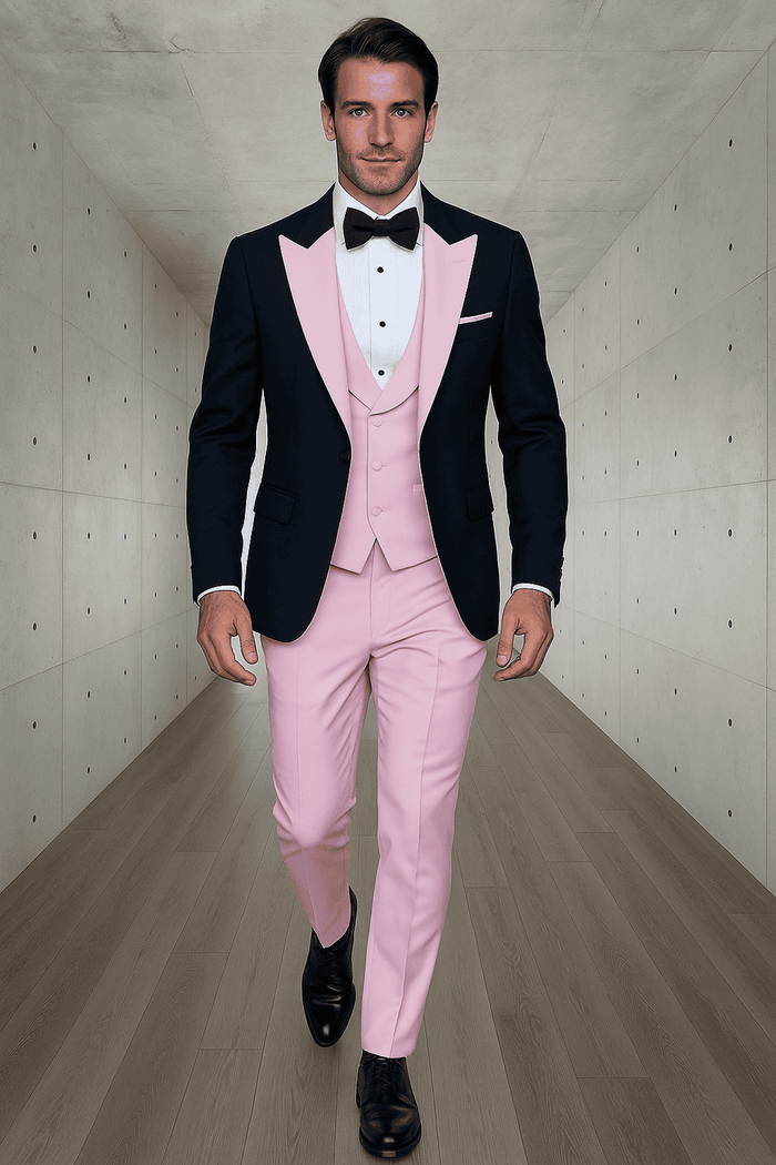 Men's black wool tuxedo with pink lapels, vest, and trousers. Includes a black bow tie and glossy black shoes.
