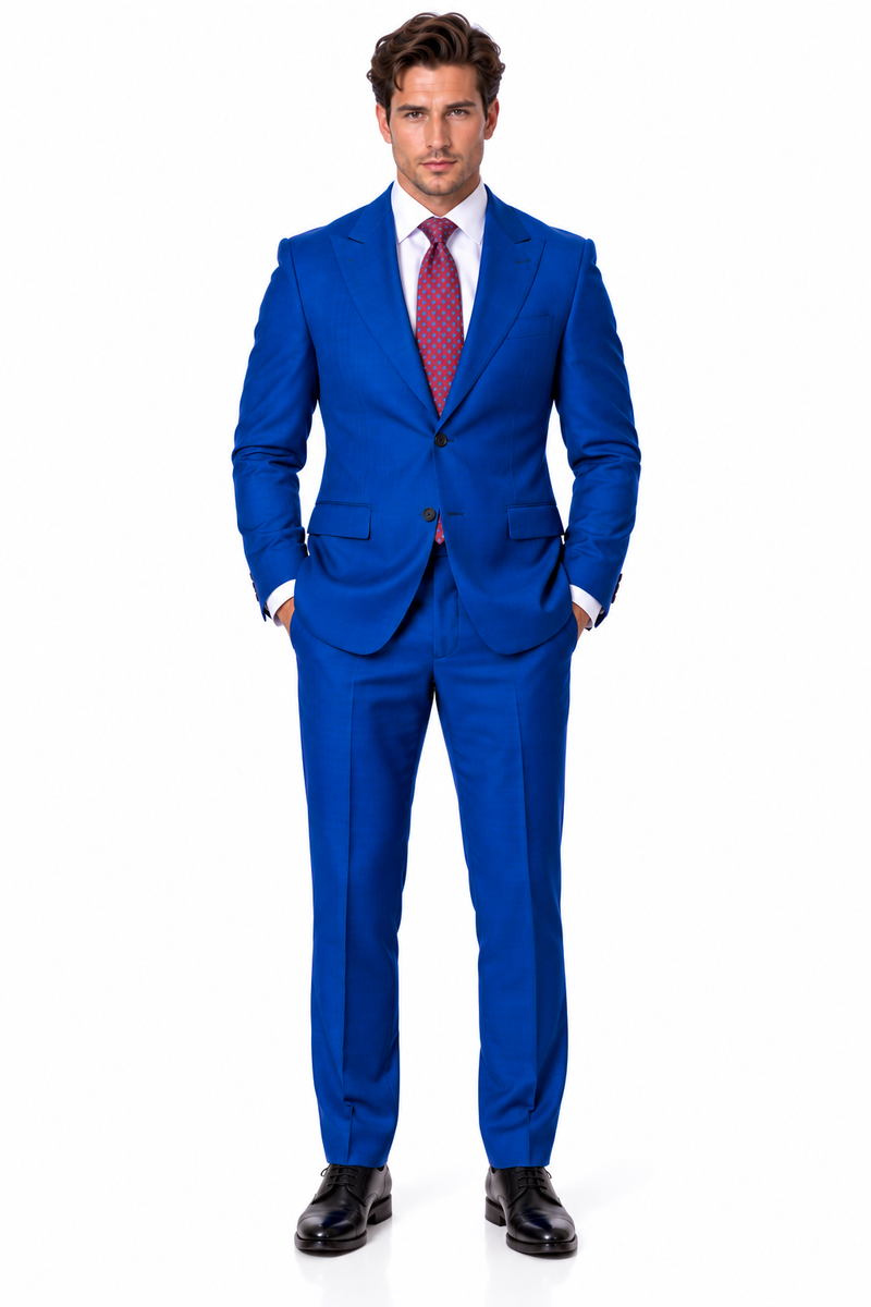 Statement Men's Modern Fit 2 Piece 100% Super 200 Wool Suit Peak Lapel in Indigo - image 1