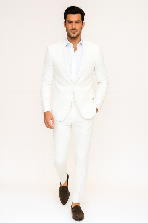 Seersucker Suit Peak Lapel Suit in Color "White" - Summer Fabric Tone on Tone Shadow Stripe By Rossiman