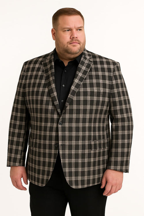 Alberto Nardoni men's black & white plaid blazer. Structured silhouette, notched lapel, front pockets, two buttons. Classic plaid pattern, slightly textured fabric. Tailored fit, close shoulders, tapered waist.
