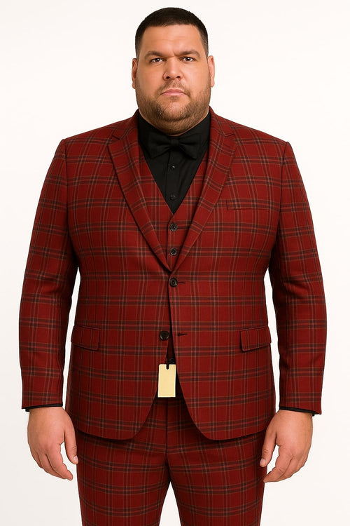 Alberto Nardoni men's burgundy plaid three-piece suit. Structured blazer with notch lapel, matching trousers (straight leg), and a buttoned vest. Bold burgundy and black plaid pattern.

