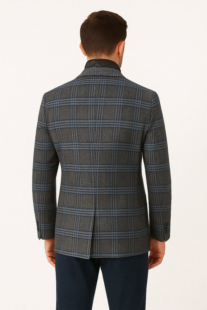 Mens Blue & Grey Checkered Wool Blazer with Quilted Inner Layer - Alberto Nardoni Collection