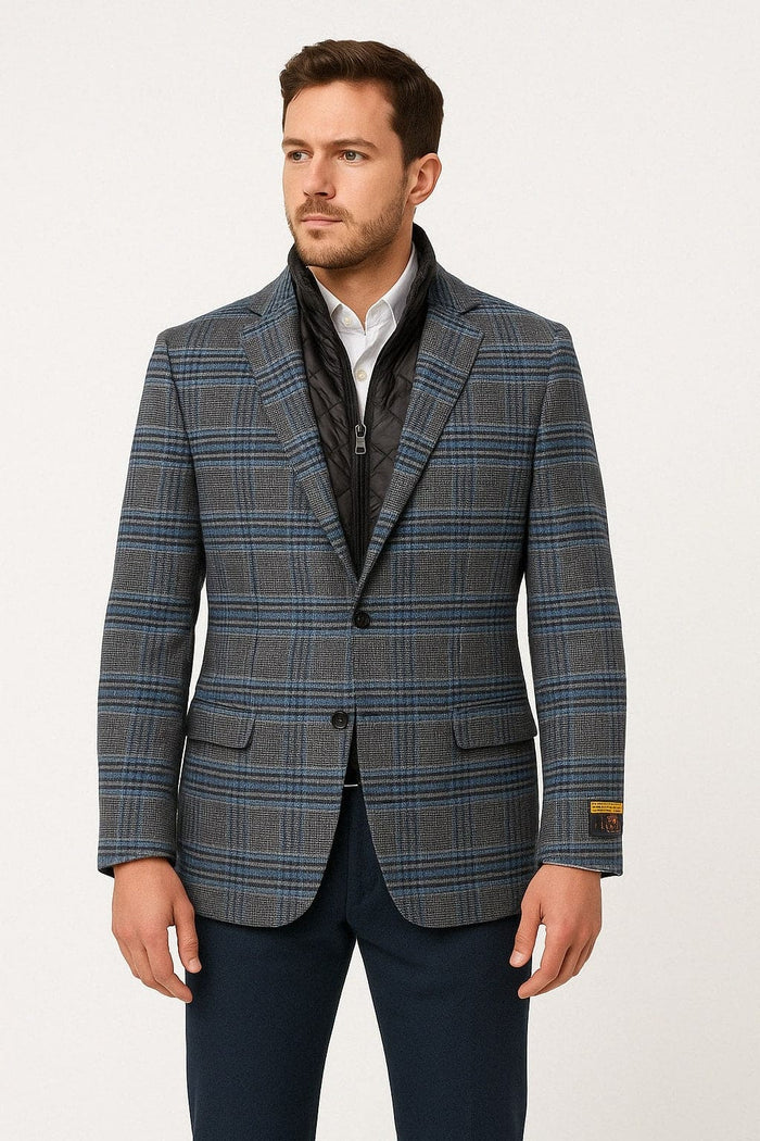 Mens Blue & Grey Checkered Wool Blazer with Quilted Inner Layer - Alberto Nardoni Collection