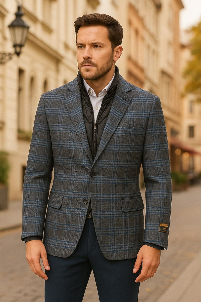 Mens Blue & Grey Checkered Wool Blazer with Quilted Inner Layer - Alberto Nardoni Collection
