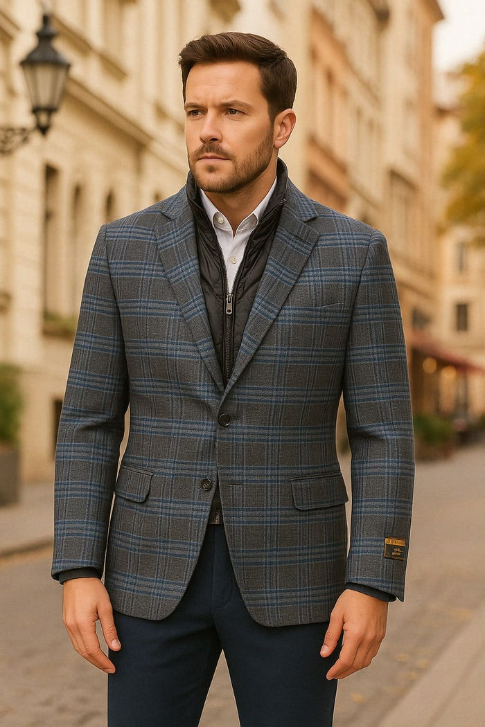 Mens Blue & Grey Checkered Wool Blazer with Quilted Inner Layer - Alberto Nardoni Collection