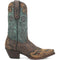 Dan Post women's Bluebird cowboy boot. Snip toe, brown foot, teal shaft. Embossed floral & leaf patterns. Angular wooden heel, vintage aesthetic.
