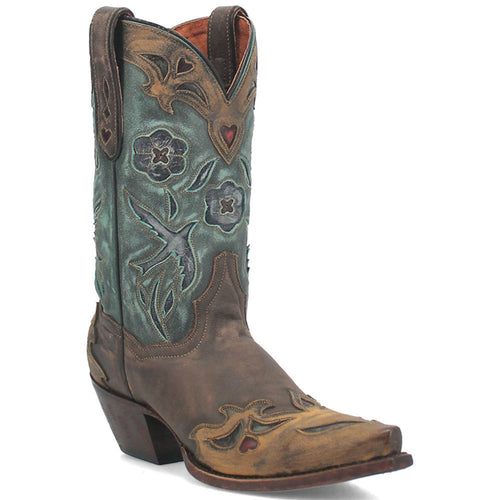 Dan Post women's vintage cowboy boot. Chocolate brown base with teal floral embroidery (birds, hearts). Tall shaft, snip toe, stacked heel. Leather with matte/shiny finishes. Pull tabs.
