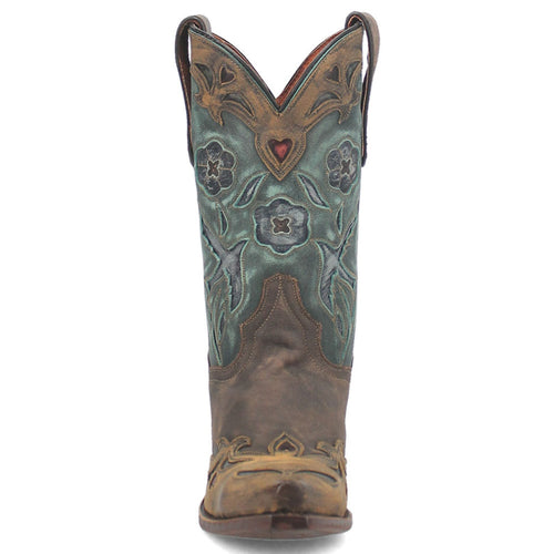 Dan Post women's vintage cowboy boot. Bluebird style with chocolate, teal, and brown floral shaft. Snip toe and decorative stitching.
