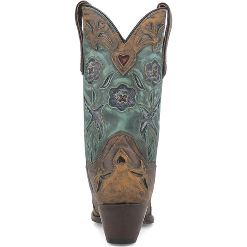 Dan Post women's vintage cowboy boot. Bluebird design in chocolate & teal. 11" shaft, snip toe, stacked heel. Intricate floral embroidery. Leather with textured, vintage finish.