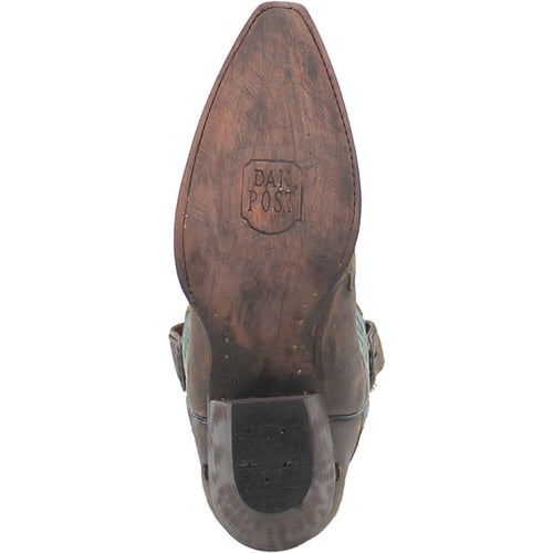 Vintage Dan Post women's cowboy boot. Snip toe, dark brown leather sole with embossed "DAN POST" logo. Slightly elevated heel with textured grip.
