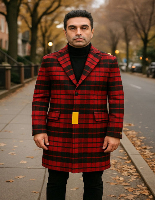 Mens Red and Black Plaid Wool Overcoat â€“ Three Quarter Carcoat - Christmas Coat - Red Peacoat